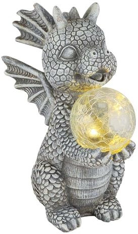 GLOBO Solarleuchte Drache Gartendeko Tierfigur grau Solarlampe Kugel Bruchglas Drache, LED warmweiß, LxBxH 19x13,5x27,5 cm