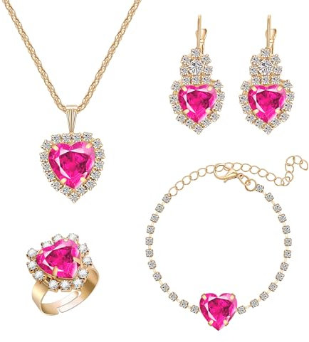 Yifnny Kristall Herz Schmuck Sets, Herz des Ozeans Halskette und Ohrring Sets für Frauen rot rosa lila Prom Schmuck Geburtsstein Halskette für Mama Mütter Tag Geburtstag Geschenke (Rosa)