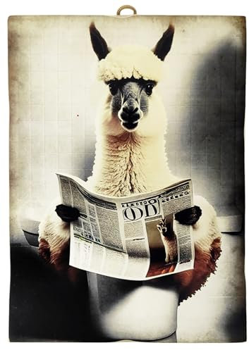 KUSTOM ART Bild Serie Tiere Einrichtung Toilette Lama auf Wasser Druck auf Holz 25 x 18 cm