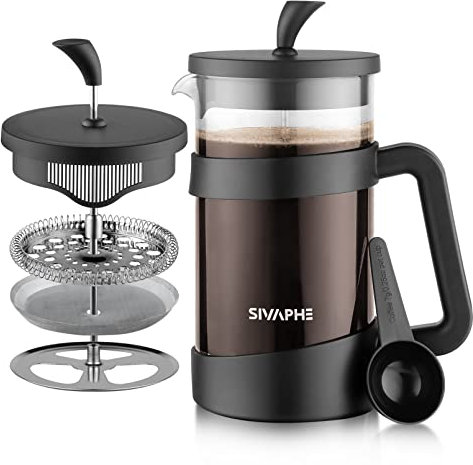 Sivaphe French Press Kaffeemaschine I Tragbare Cafetière mit Dreifachfilter I Hitzebeständiges Glas mit Löffel (black, 1000ml)