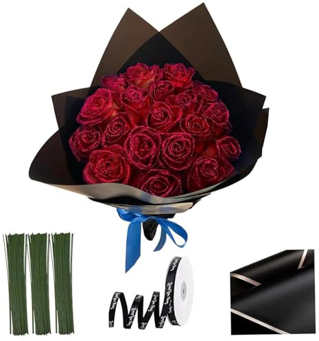 Bouquet di rose glitter, 20pcs da 9, 5 pollici lucido lucido bouquet, rose finte fai -da -te con stelo, nastri avvolgenti e carta avvolgente per anniversario, fidanzamento, matrimonio, fiori rossi