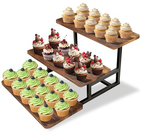 Cupcake Stand for 50 Cupcakes, Wood Metal Riser Dessert Table Display Stand | Rustic 3 Tier Stepped Cupcake tower, Ladder Tiered Tray Stand for Party Farmhouse Wedding Birthday Graduation