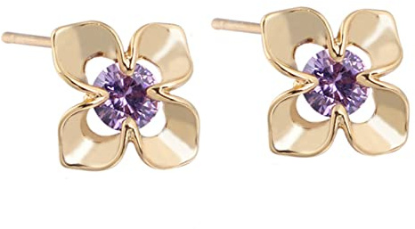 585 Gold Ohrringe, Damen Ohrstecker aus 14 Karat Gelbgold Blume mit violettem, rundem Amethyst
