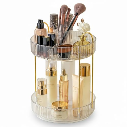 SHANNA Make Up Kosmetik Organizer: 360° Drehbarer 2-stufiger Make-Up-Aufbewahrung, Große Kapazität, Verstellbar, Multifunktionaler Runder Make-Up-Pinselhalter, Geschenk für Frauen, Mädchen (Klar-A)