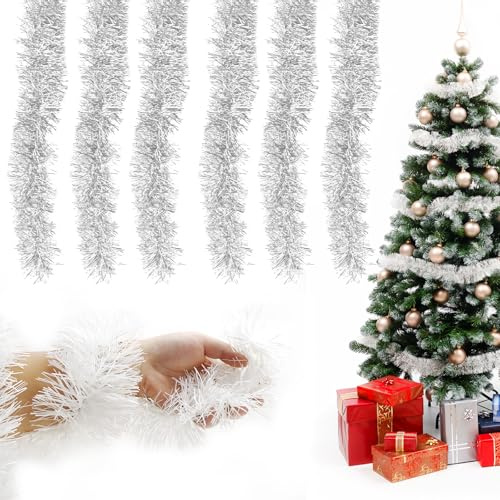 Girlande Weihnachten Dekoration Weihnachtsgirlande 12M Weihnachtsgirlanden 6 Stück Weihnachts Lametta Girlande Weiß Weihnachtsdeko Tannengirlande für Weihnachtsbaum Kamin Treppe (Weiß)