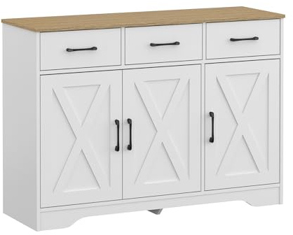 Panana Wooden Sideboard 3 Drawers 3 Doors Entryway Dining Room Console Living Room Storage Farmhouse Sideboard Cabinet (White)
