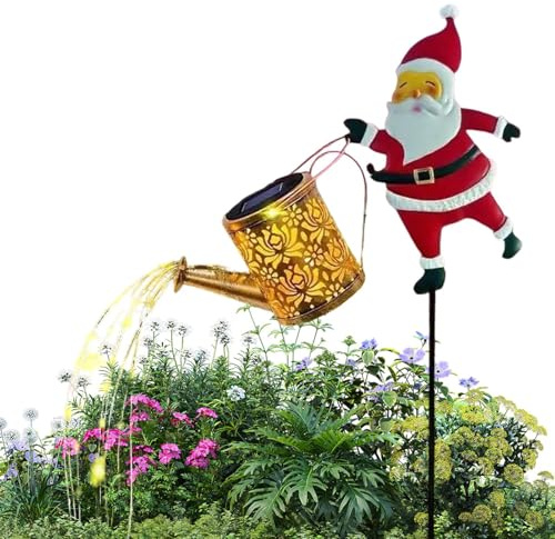 Solar Watering Can - Christmas Design Santa Claus Luminous Metal Pendant Retro Lantern | Waterproof Decorative LED Light for Outdoor Patio Parties, Garden Paths, Hallways