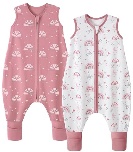 FIEMOL Schlafsack Mit Füßen 0,5 Tog 18-36 Monate Sommerschlafsack Baby 100% Baumwolle Kinder Schlafsack Mit Füßen 90-100cm Rosa Regenbogen 2er-Packung