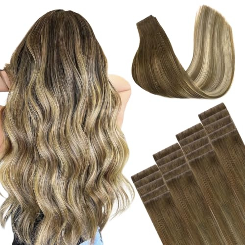 GOO GOO Invisible Tape Extensions Echthaar, 35cm 50g 20 Stk., #(T3/8)613 | Remy Echthaar, Invisi Edge, Unsichtbar Natürlicher Look, Seidig Weich, Langlebig, Walnussbraun nach Aschbraun und Platinblond