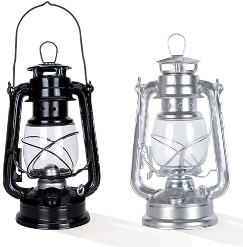 Petroleum Lamp Set of 2 - 25 cm Retro Outdoor Storm Lantern, Oil Lamp for Camping, Garden, Balcony & Home Decoration (Schwarz und Silber)