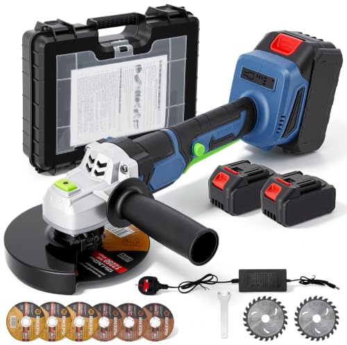 Cordless Angle Grinder 125mm with 2×4.0Ah Batteries & Charger, 12000RPM 640W Brushless Variable Speed Motor 24V, Battery Grinder Tool-Free Guard – Complete Kit with Case, 6 Discs & 2 Extra Tools