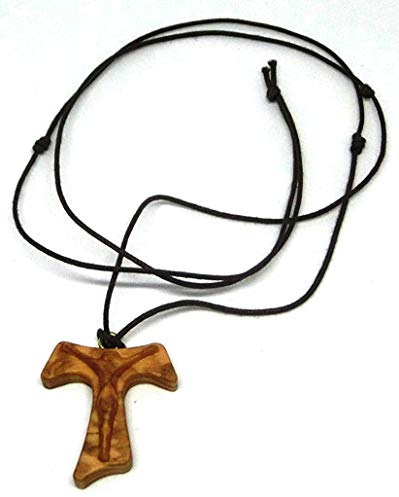 10.273.90 Halskette Kreuz Tau 3 cm mit Christus A Relief San Francesco Assisi Olivenholz Frieden Kommunion 3 Knoten