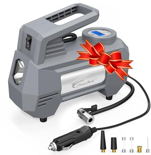 Compressore d’Aria per Auto HAUSBELL 12V, Gonfiatore Digitale 150 PSI con Spegnimento Automatico, Luce LED di Emergenza, Adattatori Valvola – Accessorio Portatile per Gonfiaggio Rapido (Grigio)