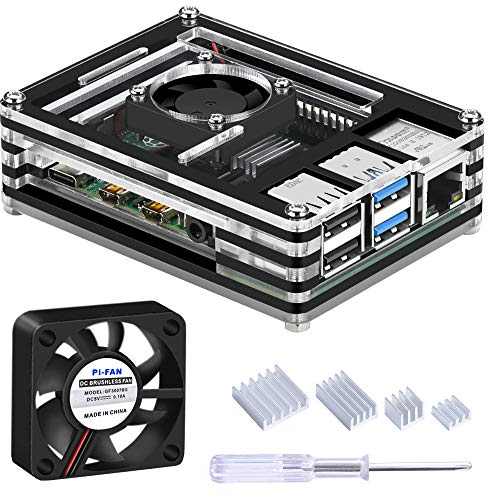 GeeekPi Acrylic Case for Raspberry Pi 4B, with Fan and 4pcs Heatsinks (Black and Clear)