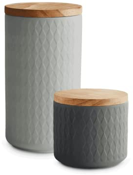 SPRINGLANE Botes de cerámica con tapa de madera gris, Recipientes de 400 ml a 1 litro de capacidad, Botes de almacenamiento, Botes herméticos - Set 2 botes