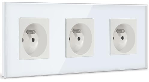 BSEED Prise Murale,Standard Français 16A Triple Prise de Courant Alternatif avec Panneau en Verre Cristal (3 Prise, Blanc)
