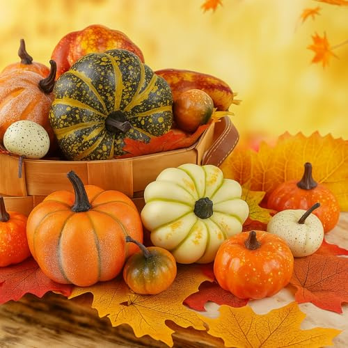 HAKACC 14 PCS Artificial Mixed Pumpkins for Decorating, Fake Pumpkins with 30PCS Fake Maple Leaves Thanksgiving Fall Harvest Decorations for Home, Fall Table Decor