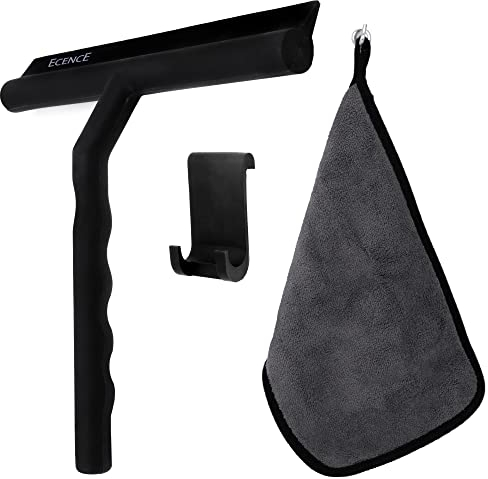 ECENCE Duschabzieher Schwarz Silikon, Duschwischer mit Halterung ohne Bohren + Mikrofasertuch, Fensterabzieher Edelstahlkern, Duschkabinenabzieher, Glasabzieher 21cm