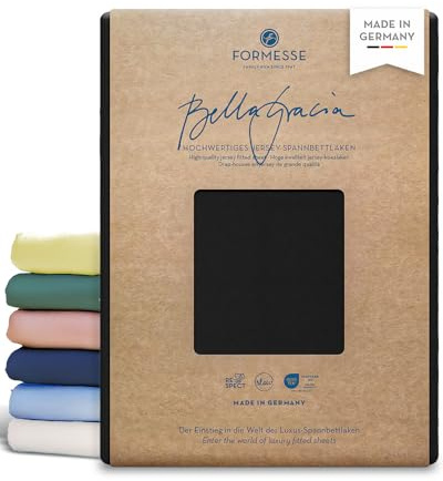 Formesse – Bella Gracia La Piccola Jersey Spannbettlaken für Topper bis 12cm Höhe - 200x210-220 cm - 97% Baumwoll-Kompaktgarn, 3% Elastan/Spannbetttuch aus Deutschland – Farbe Schwarz