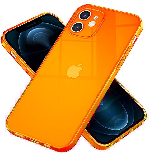 NALIA Clear Neon Cover compatible with iPhone 12 Case, Transparent Colorful Silicone Bumper Protective See Through Skin, Slim Shockproof Mobile Phone Protector Flexible Rugged Soft Back, Color:Orange