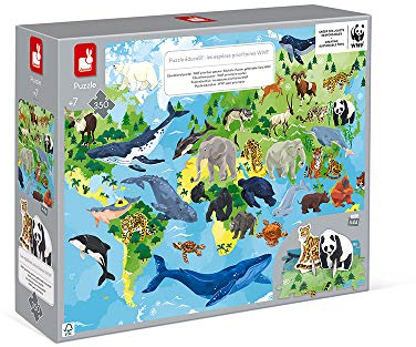 Janod - Großes Lernpuzzle für Kinder ‘Tierarten’ - 350 Teile, 44 hübsche Tierfiguren aus Pappe - Farben auf Wasserbasis - WWF-Partnerschaft - FSC-Zertifiziert - Ab 7 Jahren, J08633