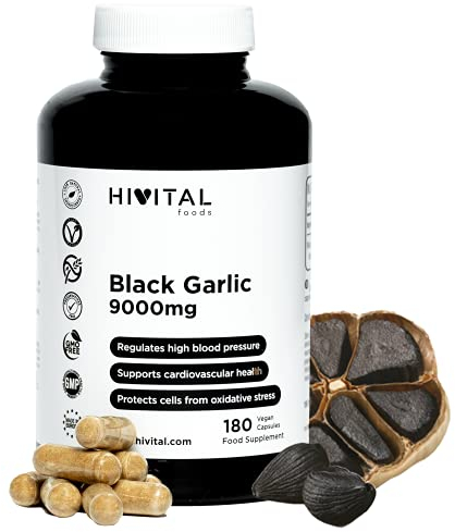 Ajo Negro 9000 mg. 180 cápsulas veganas para 6 meses de tratamiento. Extracto Natural concentrado de Ajo Negro SIN OLOR Allium Sativum. Fabricado en España por HIVITAL