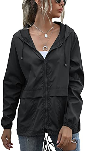 SotRong Veste imperméable légère et pliable pour femme - Coupe-vent - Fermeture éclair - Avec capuche - Séchage rapide - Imperméable, Noir , XXL