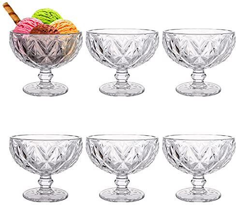Lawei Set of 6 Glass Dessert Bowls, 10 Oz Footed Ice Cream Sundae Cups, Vintage Embossed Thick Dessert Dishes, Clear Crystal Glass Serving Bowls for Parfait, Dessert, Snack, Cocktail, Cereal, Fruit
