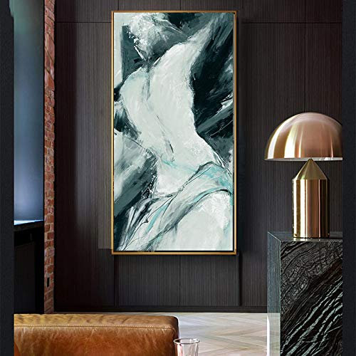 Kunst Wandbild für Wohnzimmer Poster und Drucke Schwarz-Weiß Abstrakte Nackte Frau Figur Ölgemälde auf Leinwand 70x140cm (28x55in) Mit Rahmen