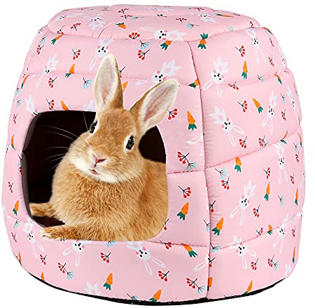 RANYPET Large Rabbit Bed House, Foldable Bunny Hideout Cave, Carrot | 2-in-1 Cave or Sofa, 34 x 34 x 30 cm Size, Removable Pillow, Plush Comfort, Carrot Pattern, Guinea Pigs Ferrets Hedgehogs