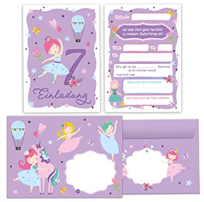 Junapack 12 Einladungskarten incl. 12 Umschläge zum 7. Kindergeburtstag siebte Geburtstag Mädchen Ballerina