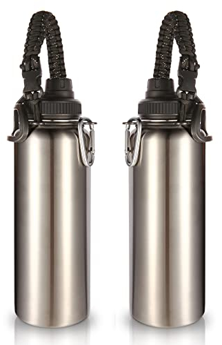 Volhoply 1200ml Isolato Borraccia Termica 2 Confezioni,Bottiglia in Acciaio Inox con Cinturino in Paracord, Bottle a Doppia Parete,Bottiglie Sportive per Bambini,Scuola,Lavoro(Argento,2 set)