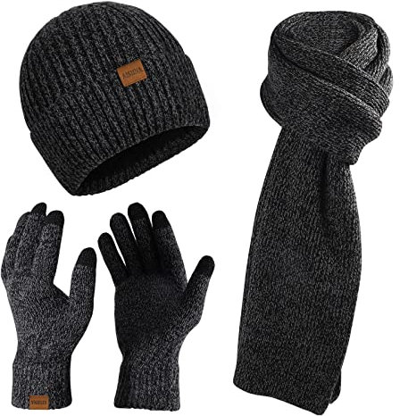 AISHNA Winter Beanie Hat Scarf and Touch Screen Gloves Set Knitted Hats Thermal Gloves Long Scarf for Men Women Neck Warmer 3 PCS Skull Cap Thick Fleece(Dark Gray)