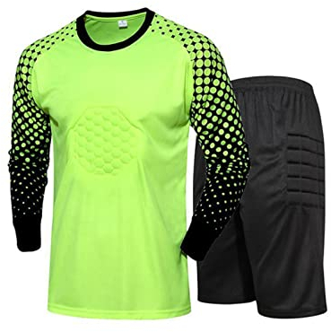 inhzoy Kinder Torwartset Torwarttrikot Set für Jungen Fußball Trikots Gepolstert T-Shirt Shorts Kurze Protektorenhose Traningsset A_Neongrün 146-158