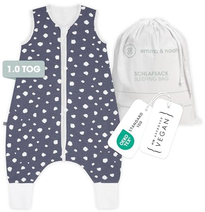 emma & noah Baby Schlafsack mit Füßen 1.0 TOG, Ganzjahres Schlafsack mit Beinen für den Frühling, Sommer und Herbst, 100% Bio-Baumwolle, Oeko-TEX Zertifiziert (Punkte Blau, 70 cm)