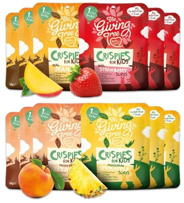 The Giving Tree Freeze Dried Fruit I NEW KIDS Crispies I No Added Sugar, Vegan & Gluten Free I Healthy Snacks For Kids I Strawberry, Mango, Peach & Pineapple Mix Pack 10g (3 of Each Flavour)