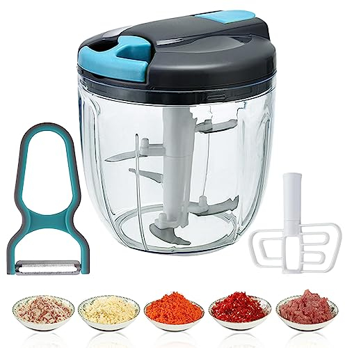 Tohoee 900ml Hachoir Oignon & Mixeur Manuel Multi-Hachoir Manuel avec 5 Lames en Acier Inoxydable Cordon de tirage pour Couper Les légumes (Cordon de Tirage Manuel - Bleu)