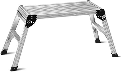 GOPLUS Escalera Plegable Aluminio, Plataforma Trabajo de 110 x 40 x 49 cm, Carga 150 kg, Escadote Estable con Cierres de Seguridad para Taller Casa, Plata