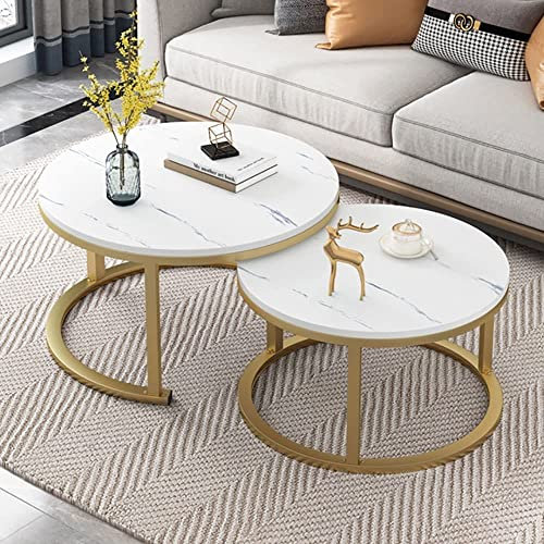 LBLFEBD Table Basse Ronde imitant Le marbre, Ensemble de 2 Tables Basses gigognes, Plateau en Verre trempé Lisse pour Le Salon, Tables de canapé Rondes en métal