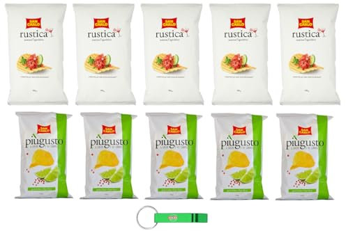 10 confezioni di test San Carlo Patatina, lime e pepe rosa, 5 x 150 g + Rustica 5 x 300 g, sacchetto di patatine + portachiavi Beni Culinari