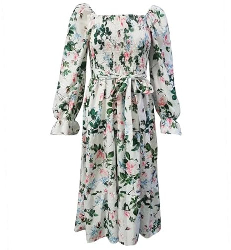 Abito estivo da donna, con scollo quadrato, volant, a maniche lunghe, stampa floreale, abito midi a vita alta e cintura, rose, s-xl