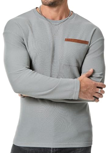 JMIERR T-Shirts für Herren Rundhalsausschnitt T-Shirt Loose Fit 2024 Langarm Shirts Hem mit Tasche Grau L