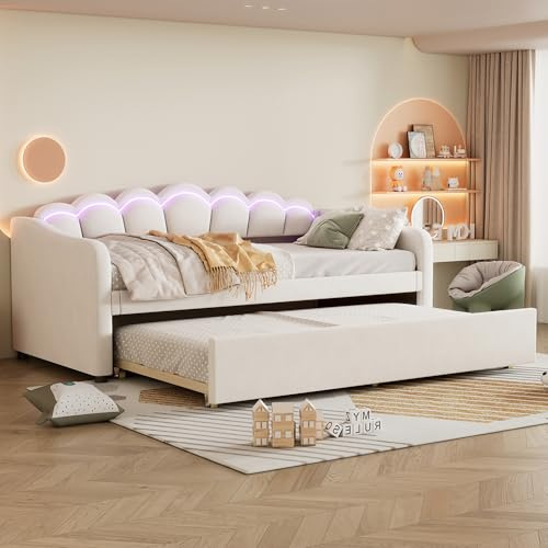 KUAKE Daybettt, 90x200cm Tagesbett mit ausziehbarem Bett,Schlafsofa, Einzelbett, Samt, farbwechselndes Umgebungslicht,Ohne Matratze (Beige)