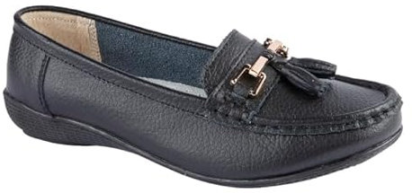 Jo & Joe Ladies Wide Fit Flat Leather Tassel Moccasins Loafer Nautical Shoe Plimsole Pumps Womens. Black Size 6