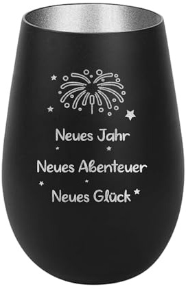 Der-Porzellan-Laden Windlicht mit Gravur Neues Jahr, Neues Abenteuer, Schwarz Silber, Teelichthalter Neujahr aus Glas, Silvesterdeko Tischdeko