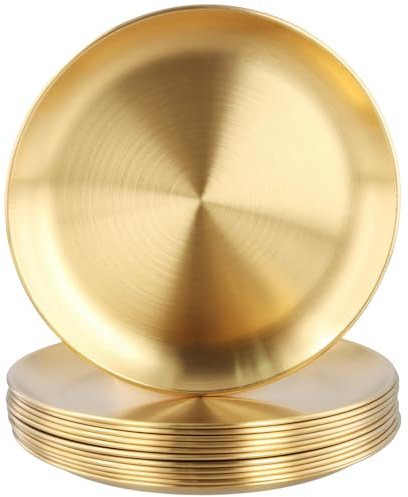 HONYUET 12 PCS 8 Inch Gold Stainless Steel Dinner Plate, 20cm Round Metal Dinner Plate for Steak Salad Camping BBQ Steak Pizza
