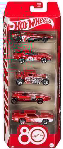 Hot Wheels Spielzeugautos, 5er-Pack Spielzeugautos im Maßstab 1:64 mit Deko und Verpackung zum Sammeln, Core Mattel 80. Jubiläum, Set mit 5 Fahrzeugen, JGK08