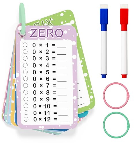 Slapaflife Multiplication Flash Cards 0-12, Times Table Flashcards,13 Pcs Flash Cards with 2 Dry Erase Markers 2 Rings, 1st to 3rd Grades Multiplication Game