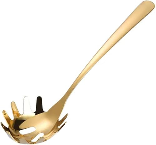 Cuchara de pasta de acero inoxidable, cuchara de espagueti, tenedor para espaguetis con mango ergonómico, cuchara noodle utensilio para cocina (dorado)