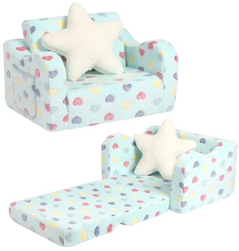 BestRoyal Toddler Couch Fold Out, 2-IN-1 Convertible Sofa with Star Pillow, Toddler Chair to Lounger for Girls and Boys, 1-Seat